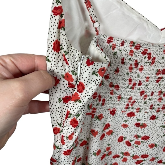 Urban Outfitters Floral Dotted Cinched Ruffle Mini Slip Dress White/Red Size M - Picture 8 of 13
